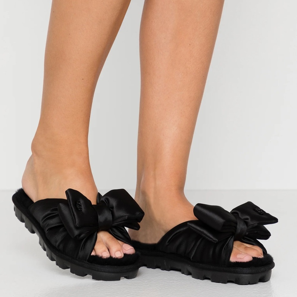 UGG black lushette puffer slippers with bow
